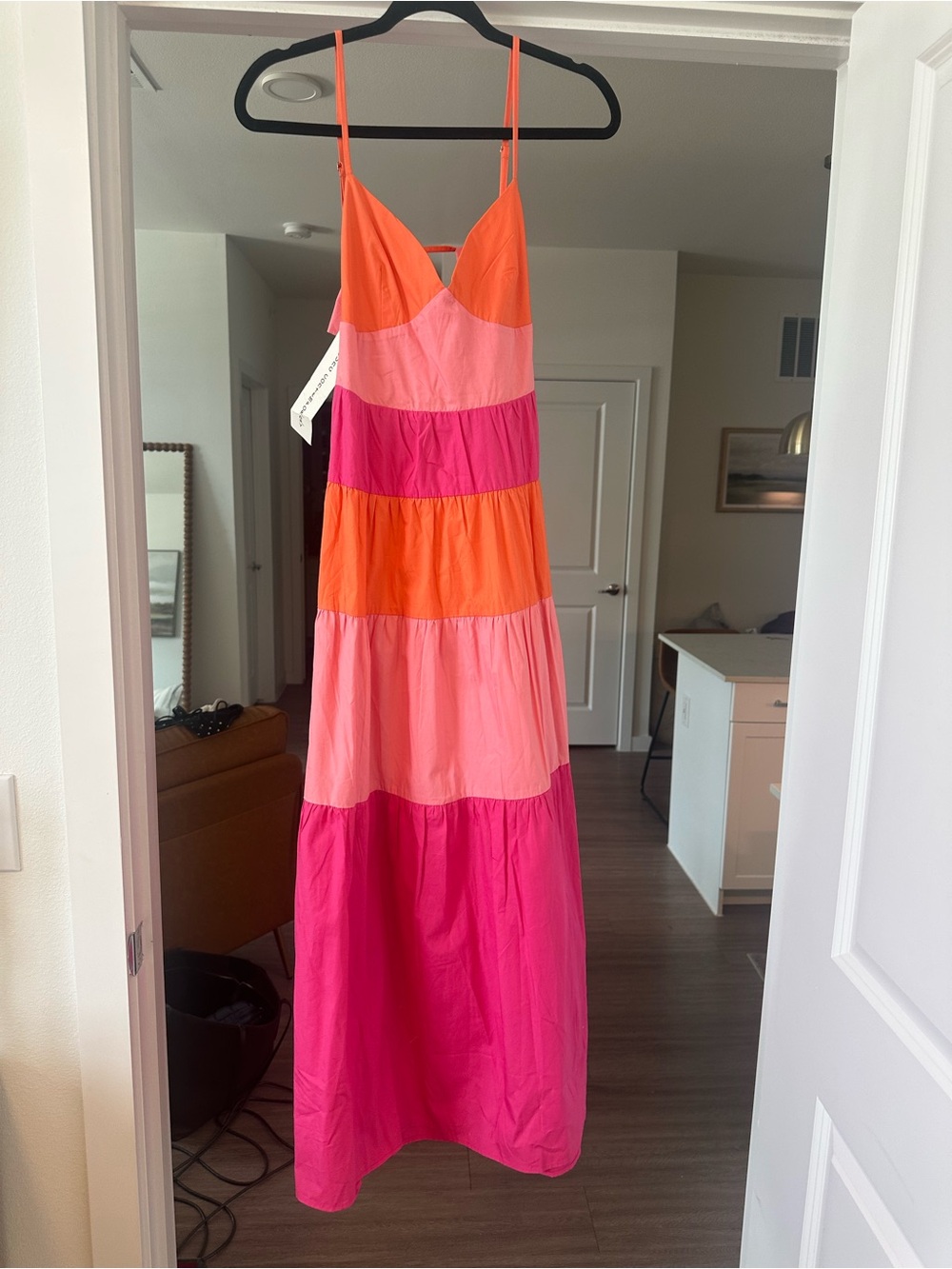 Colorblock Pink & Orange Maxi Dress with Spaghetti Straps
